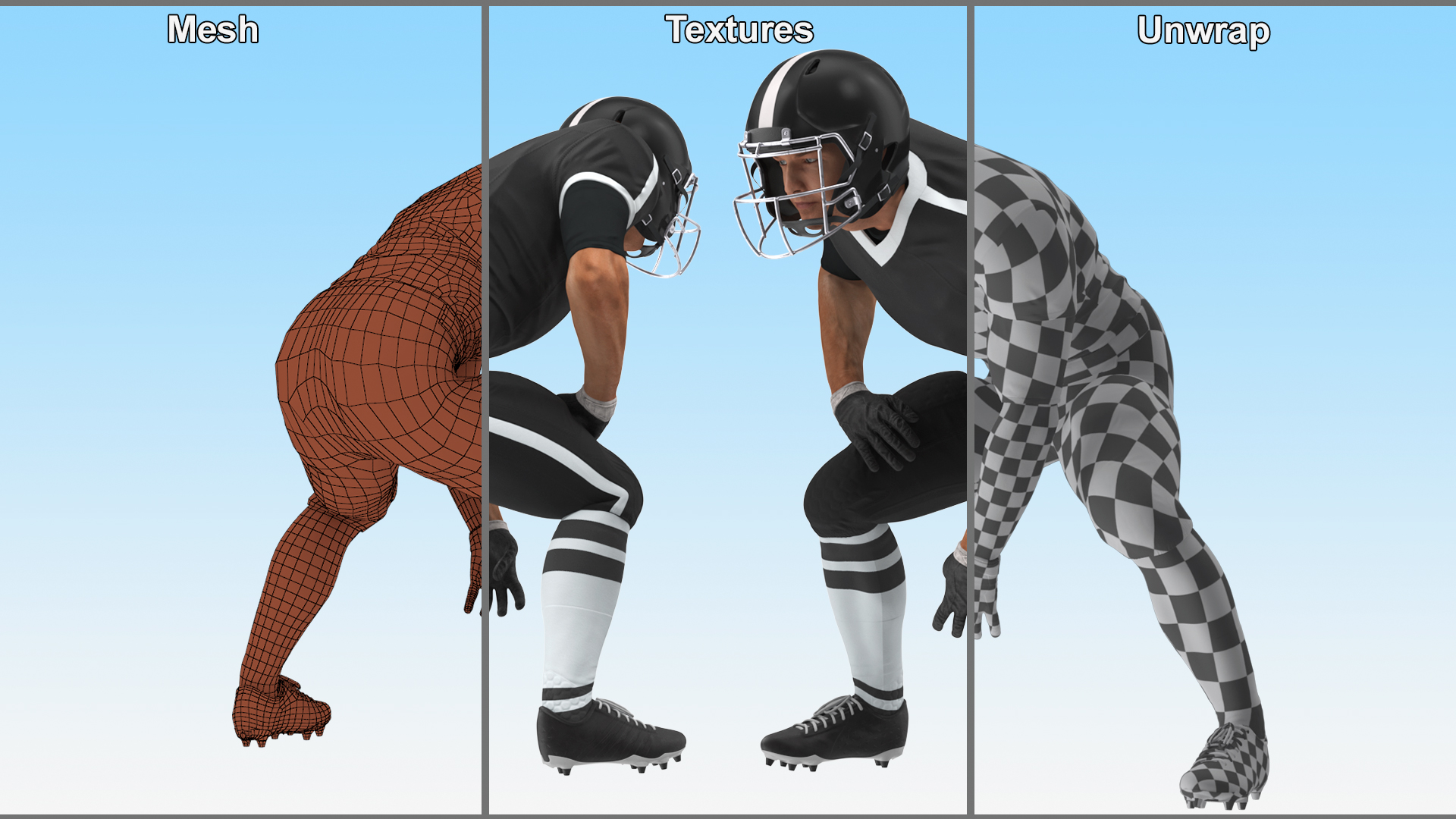 3D Crouching American Football Player Black Uniform model