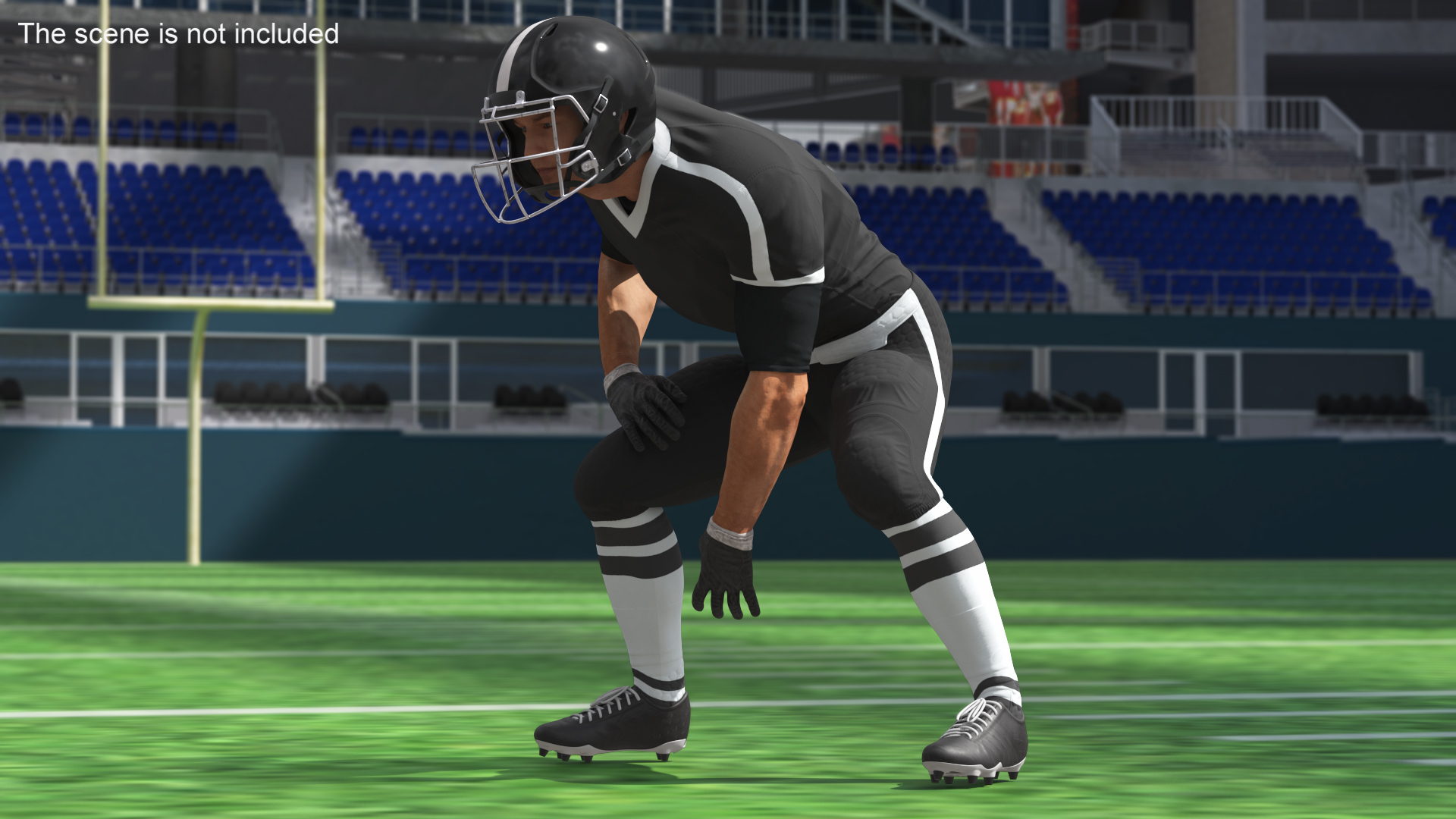 3D Crouching American Football Player Black Uniform model