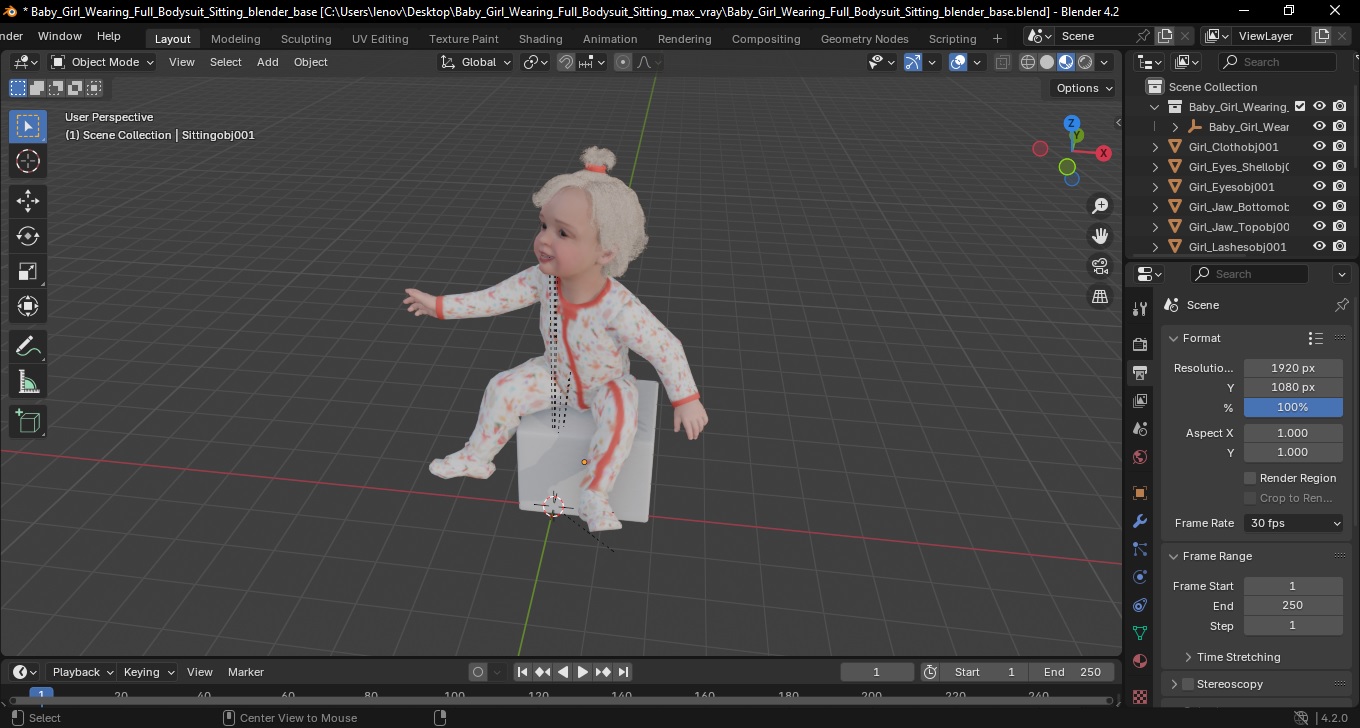 Baby Girl Wearing Full Bodysuit Sitting 3D model