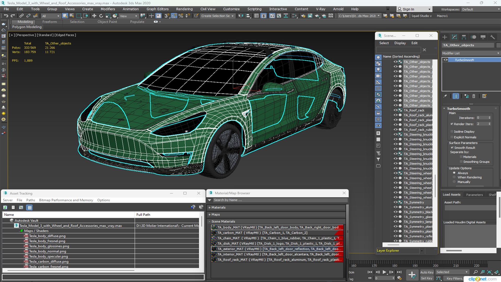 3D model Tesla Model 3 with Wheel and Roof Accessories