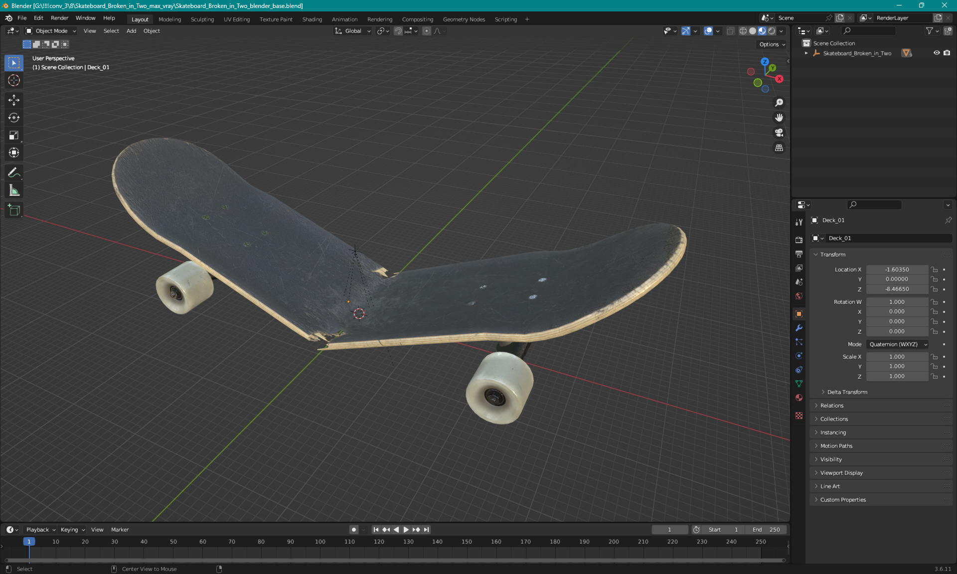 Skateboard Broken in Two 3D model