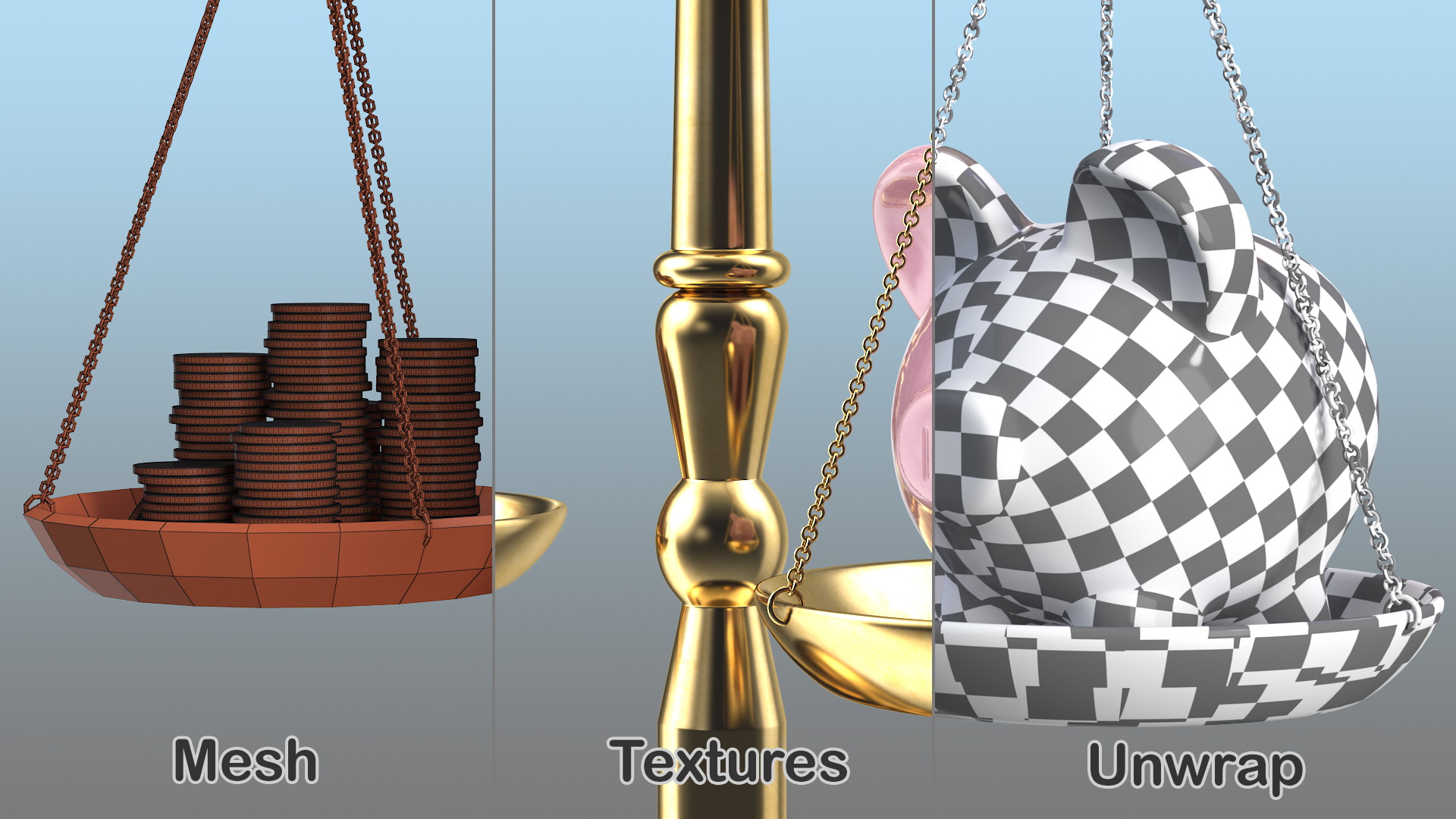 Scales Piggy Bank And Coins 3D