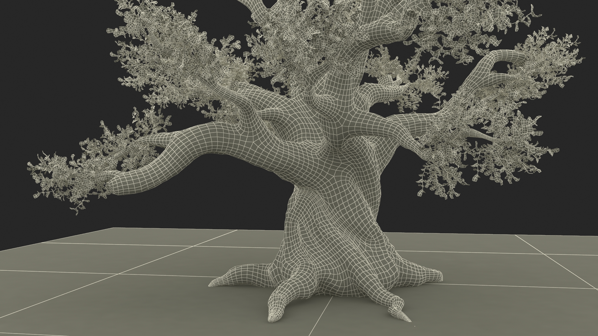 Ancient Twisted Oak Tree on Grass Fur 3D