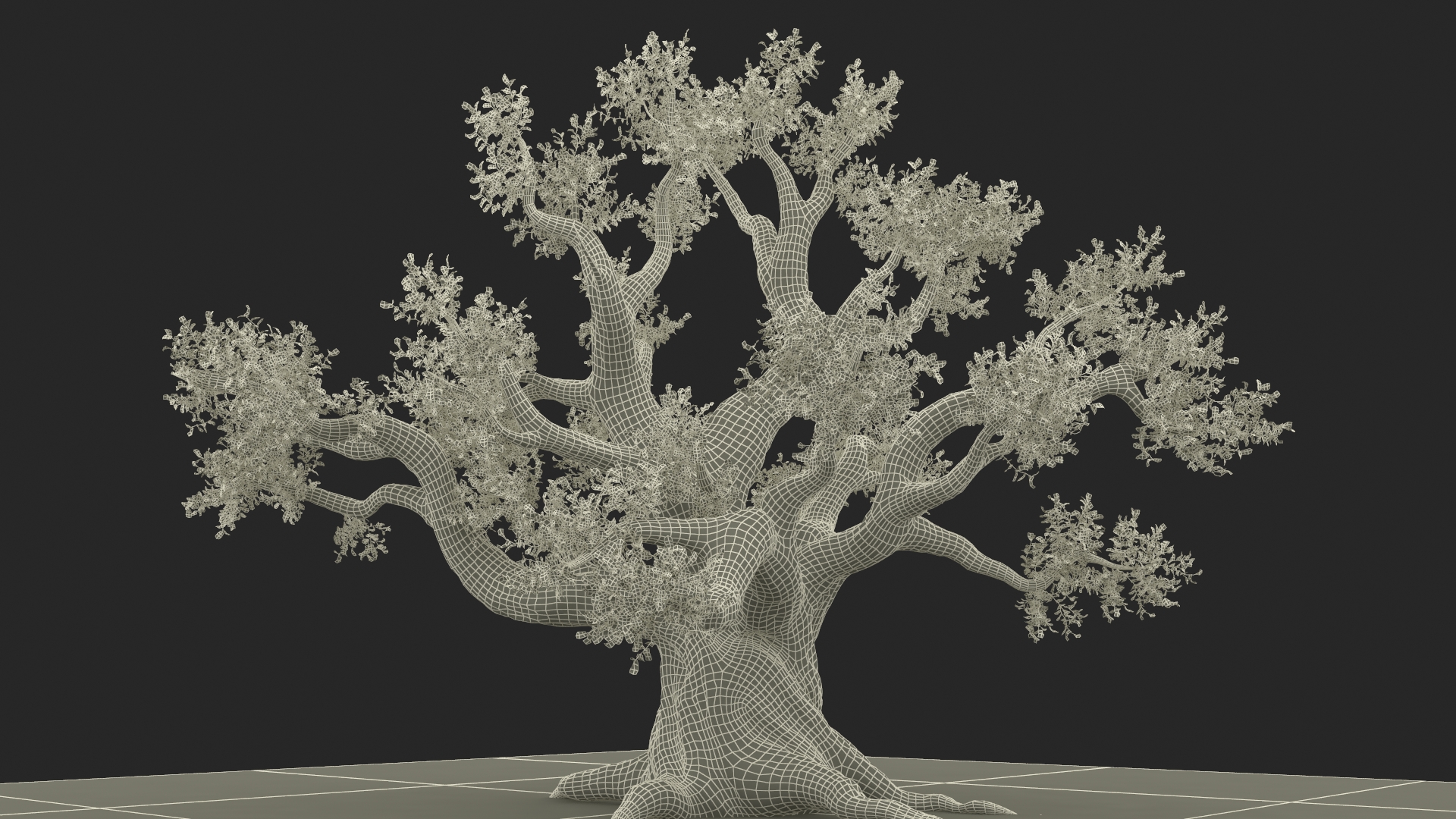 Ancient Twisted Oak Tree on Grass Fur 3D