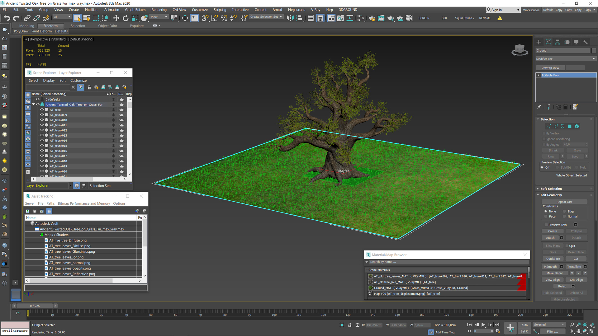 Ancient Twisted Oak Tree on Grass Fur 3D