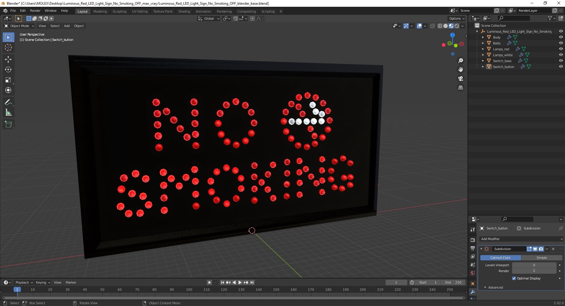 Luminous Red LED Light Sign No Smoking OFF 3D