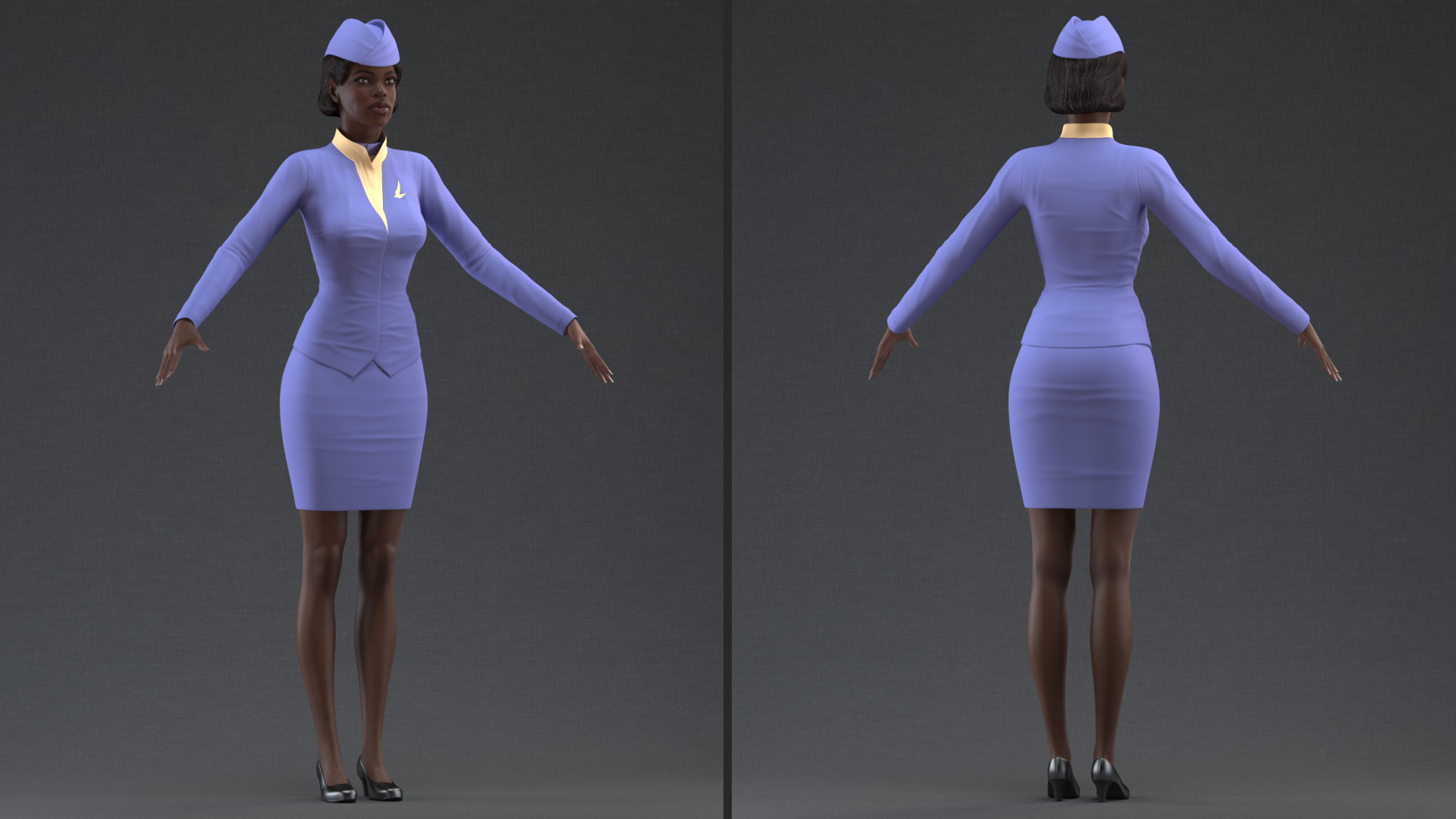 3D Dark Skinned Black Stewardess Rigged