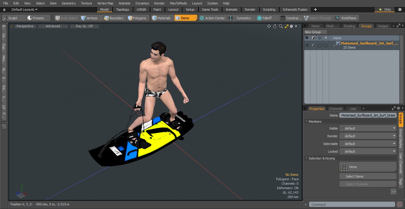 Motorised Surfboard Jet Surf Green With Asian Man 3D model