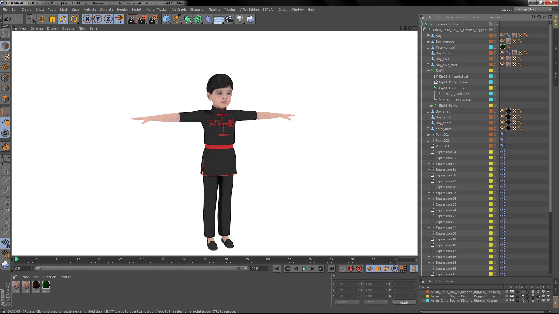 3D Asian Child Boy in Kimono Rigged for Cinema 4D