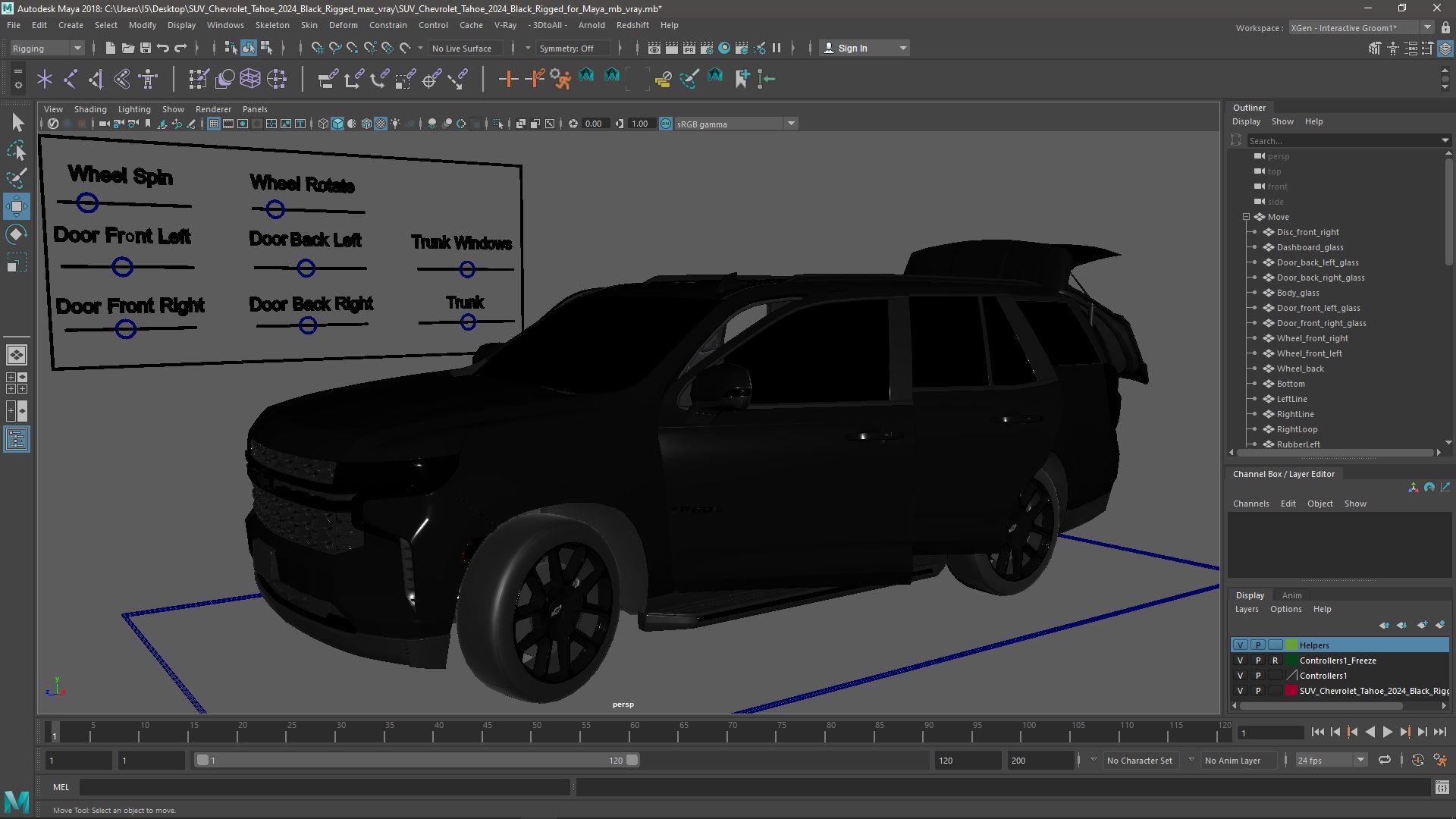 3D SUV Chevrolet Tahoe 2024 Black Rigged for Maya