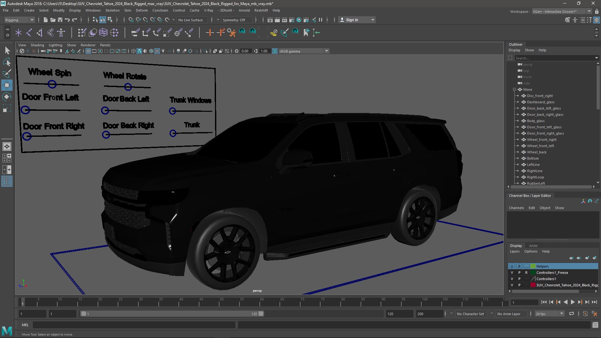 3D SUV Chevrolet Tahoe 2024 Black Rigged for Maya