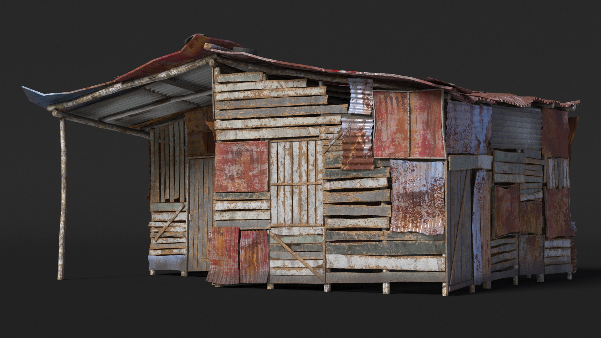 Rusty Sheet Metal Hut and Homeless Woman Rigged 3D