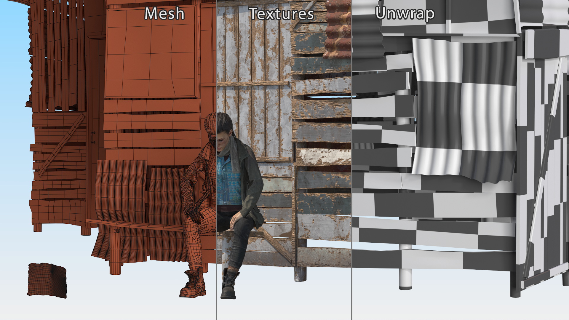 Rusty Sheet Metal Hut and Homeless Woman Rigged 3D