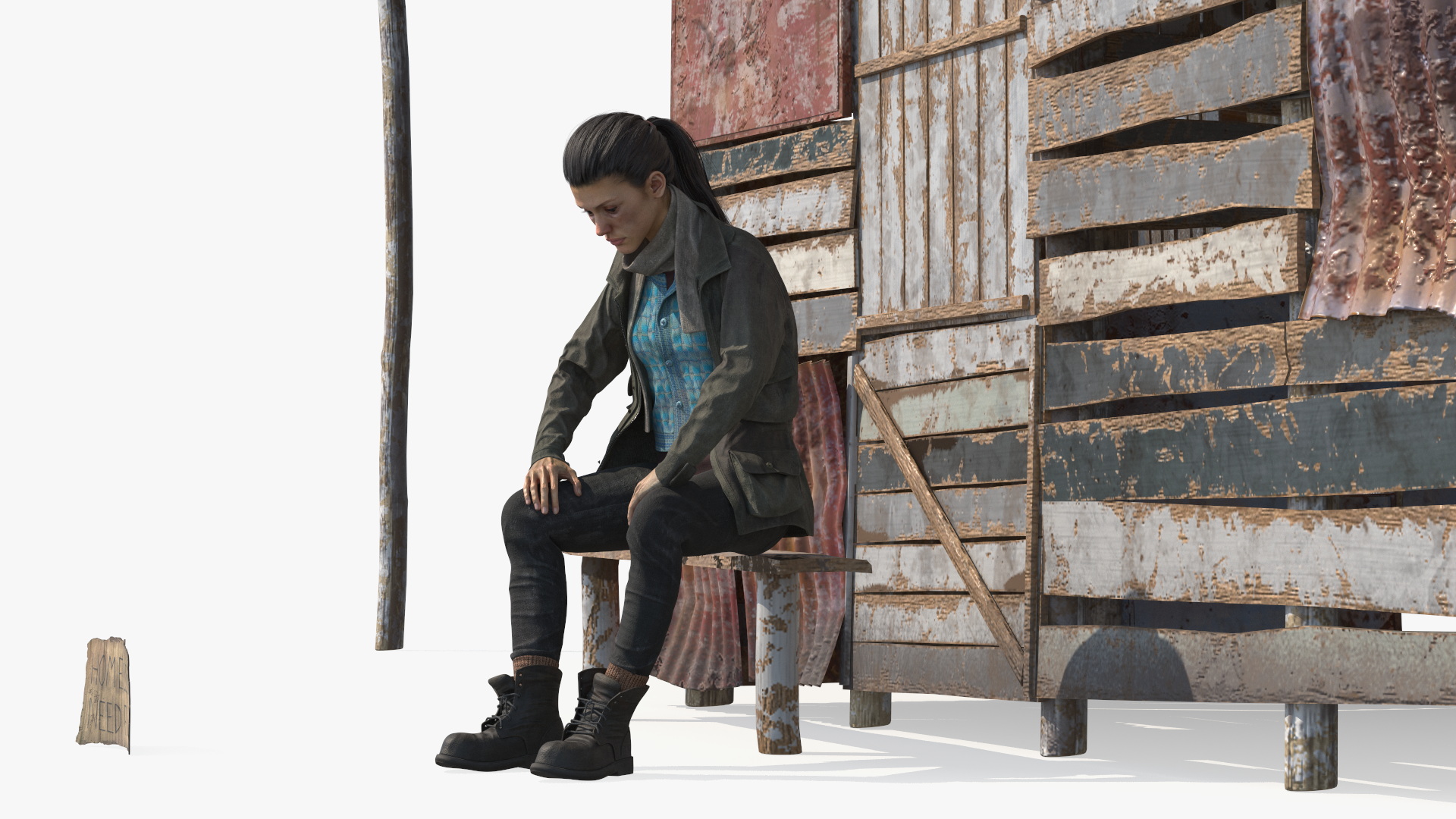 Rusty Sheet Metal Hut and Homeless Woman Rigged 3D