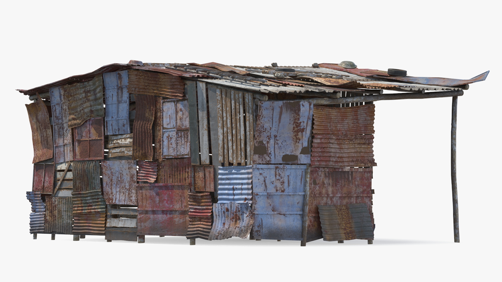 Rusty Sheet Metal Hut and Homeless Woman Rigged 3D