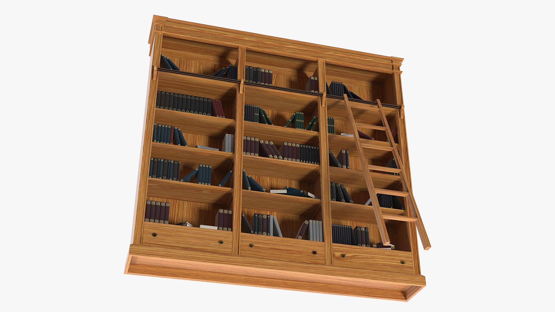 Wood Library Bookcase with Books 3D