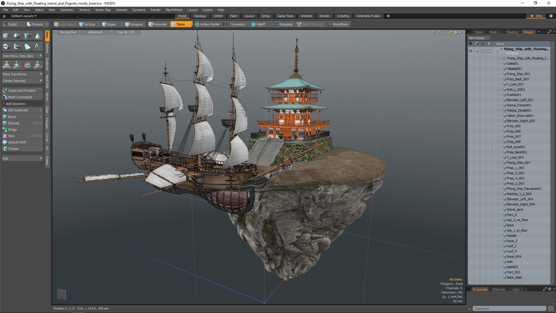 3D Flying Ship with Floating Island and Pagoda model