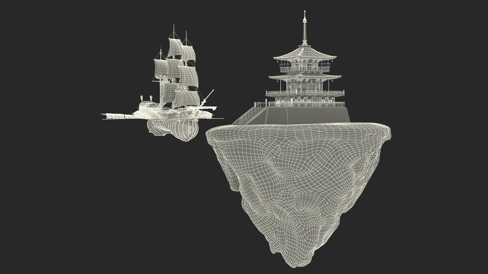 3D Flying Ship with Floating Island and Pagoda model