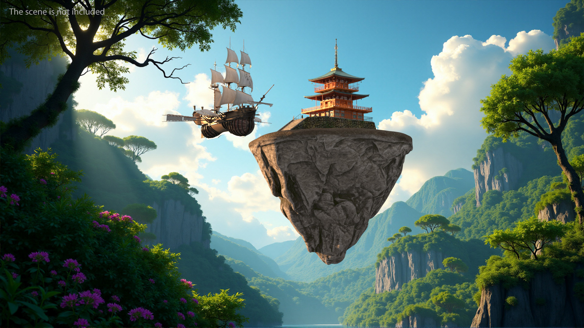 3D Flying Ship with Floating Island and Pagoda model