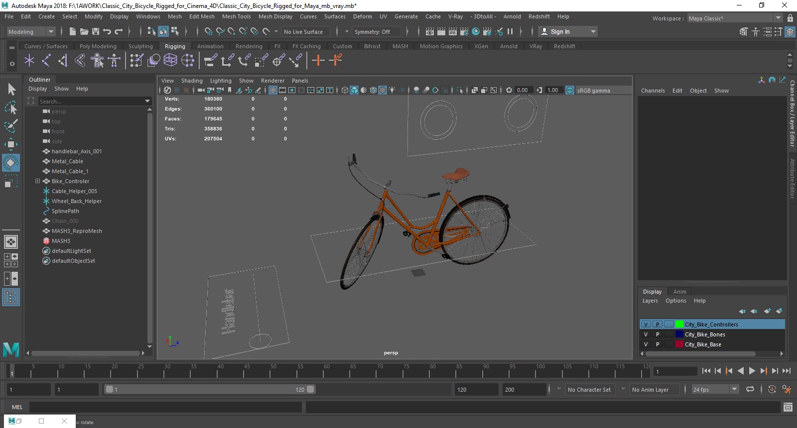 3D Classic City Bicycle Rigged for Maya