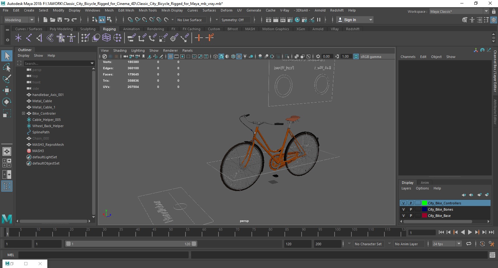 3D Classic City Bicycle Rigged for Maya