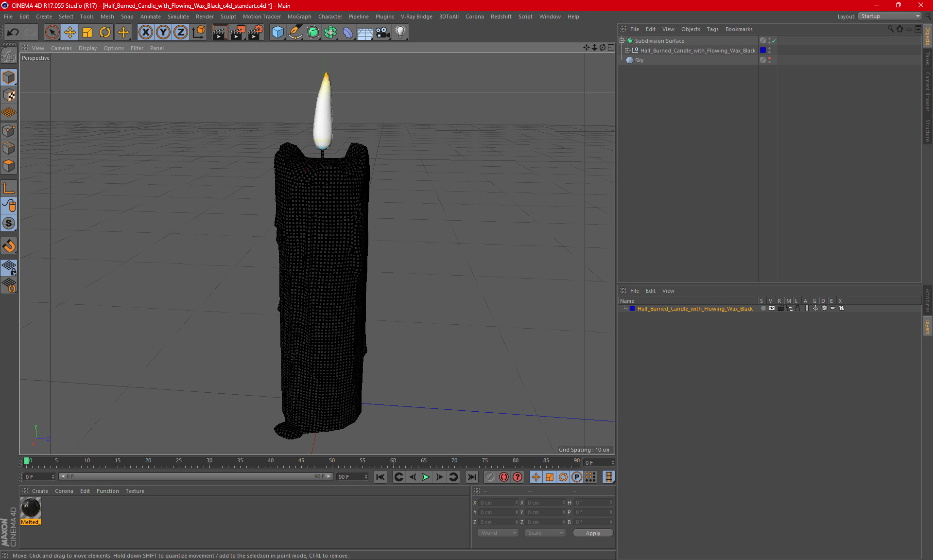 3D Half Burned Candle with Flowing Wax Black