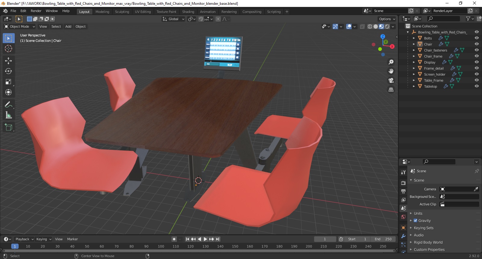 3D Bowling Table with Red Chairs and Monitor