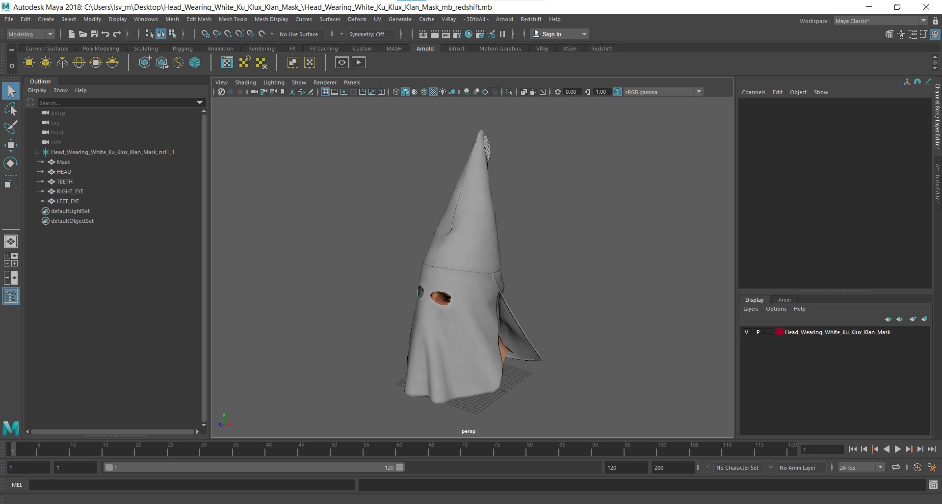 3D Head Wearing White Ku Klux Klan Mask