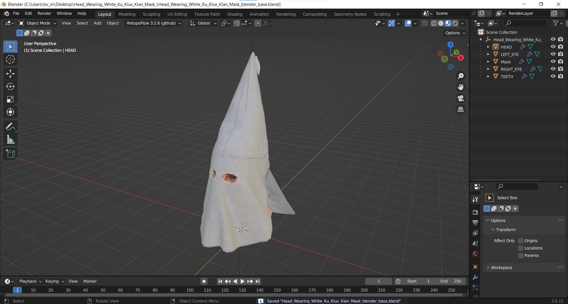 3D Head Wearing White Ku Klux Klan Mask