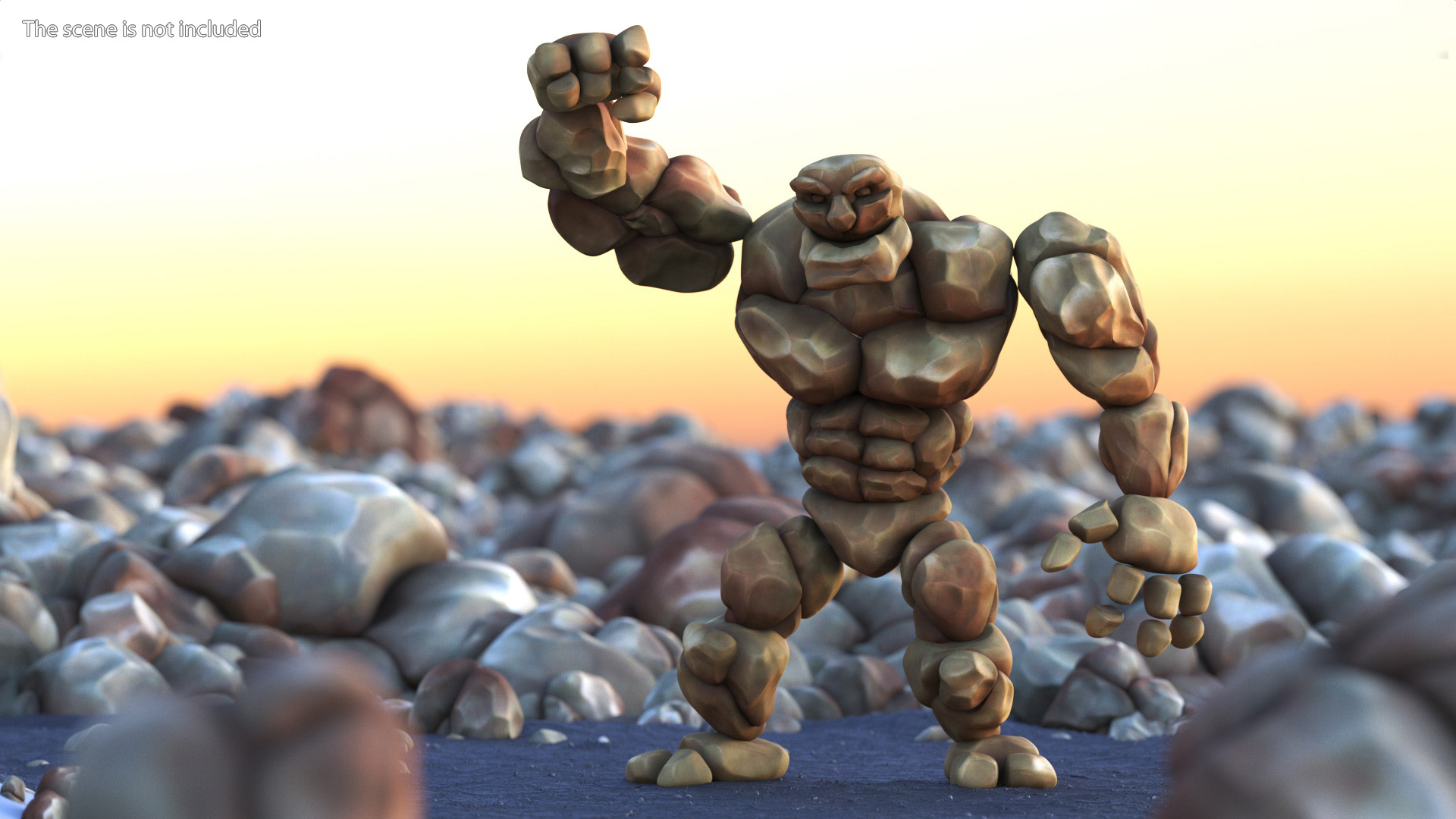 3D Cartoon Character Brown Stone Golem Happy Pose