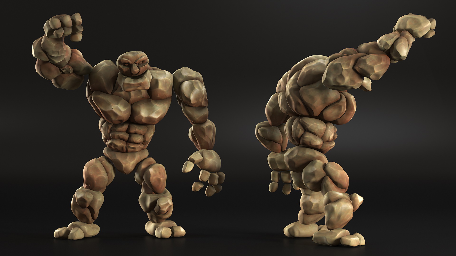 3D Cartoon Character Brown Stone Golem Happy Pose