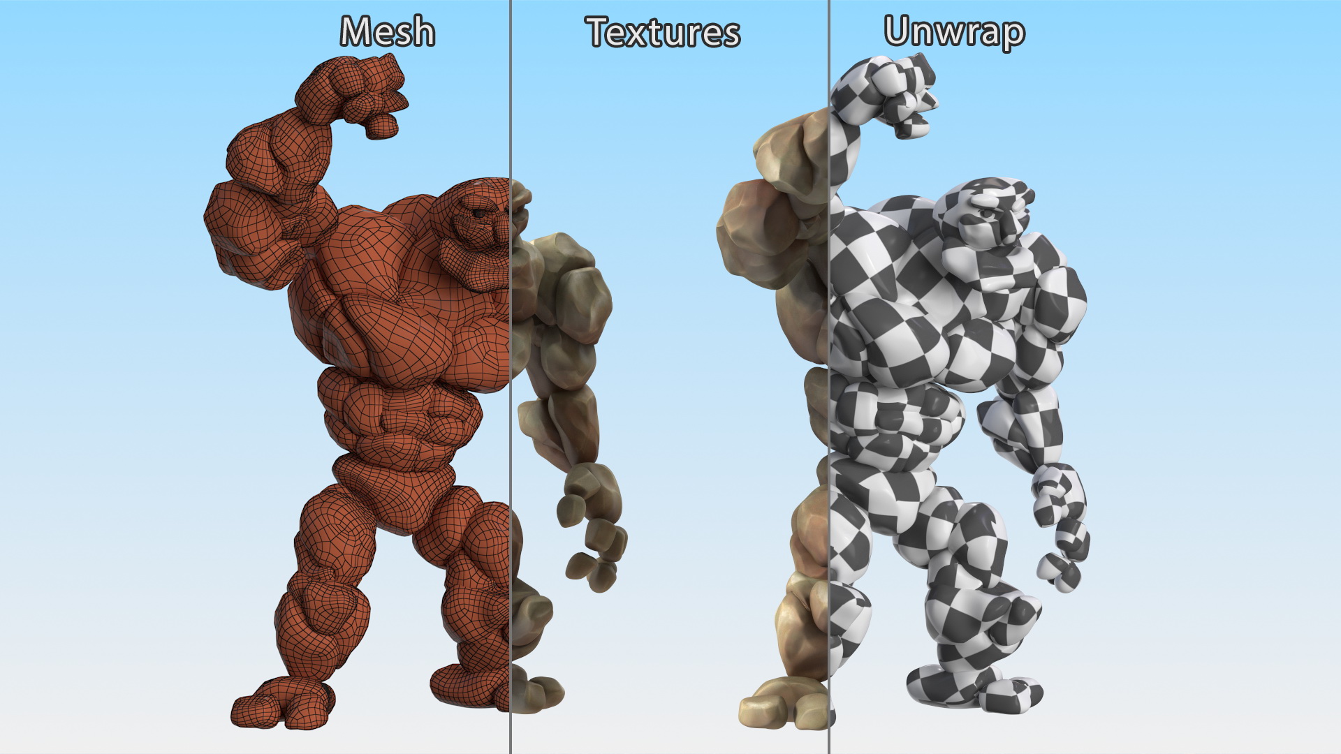 3D Cartoon Character Brown Stone Golem Happy Pose