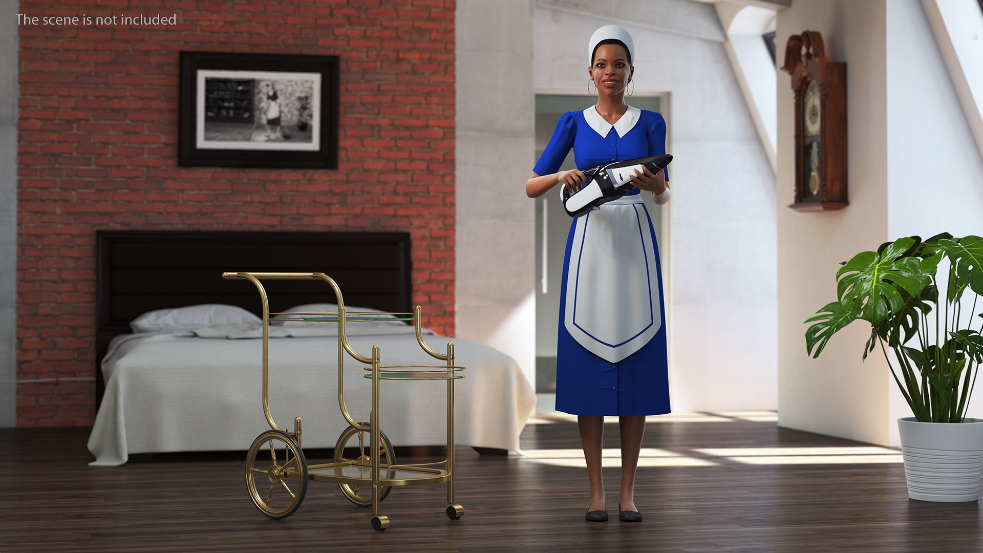 3D Light Skin Black Maid with Handheld Vacuum Cleaner Rigged for Maya