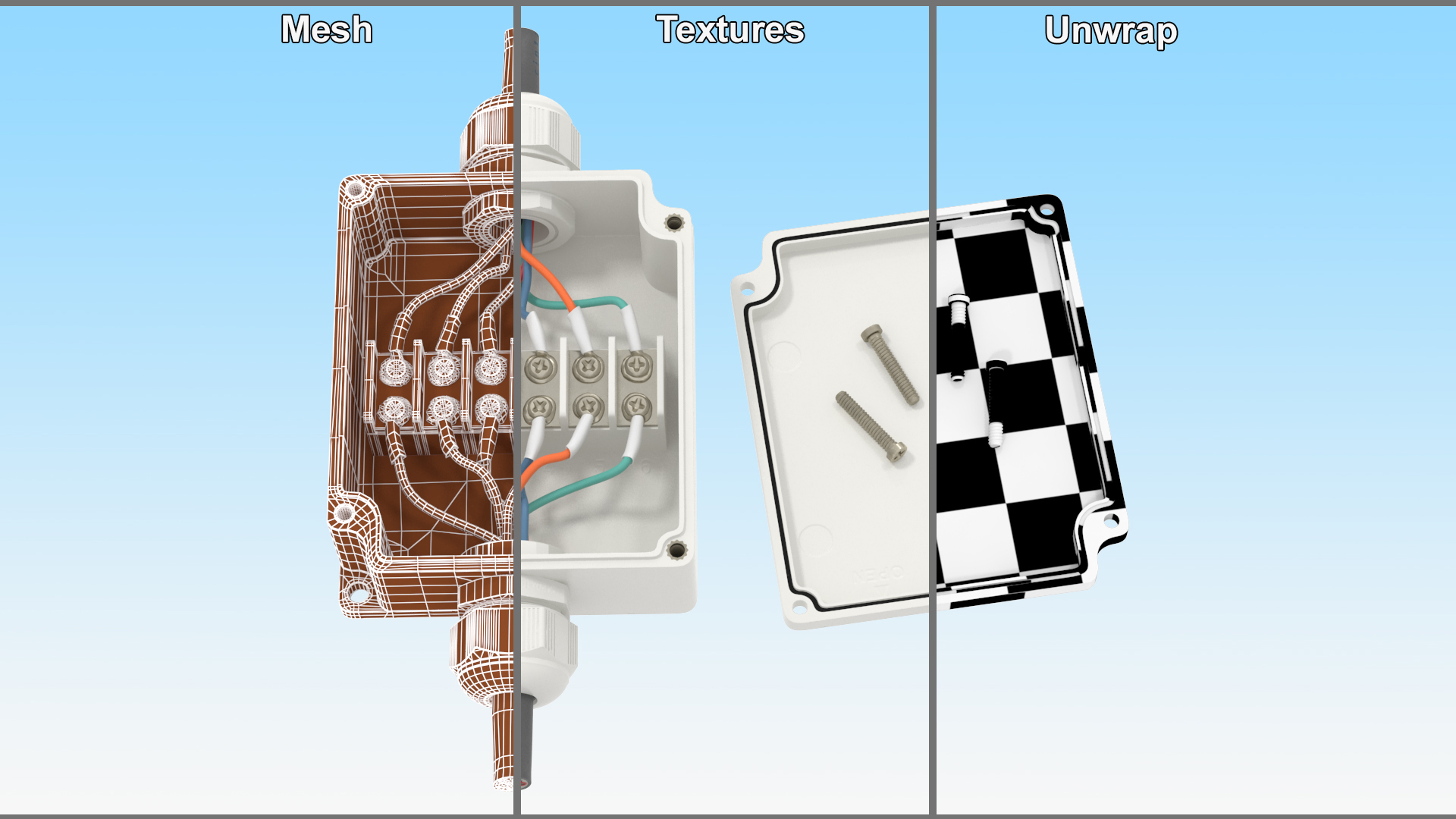 3D White Junction Box with 2 Wires