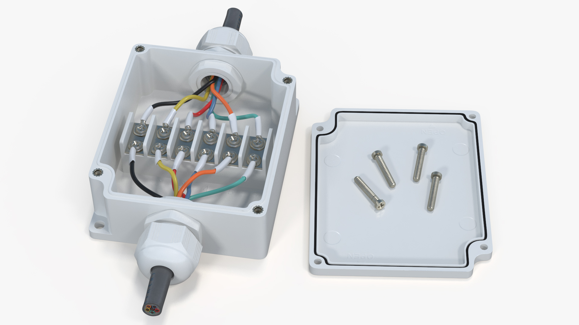 3D White Junction Box with 2 Wires