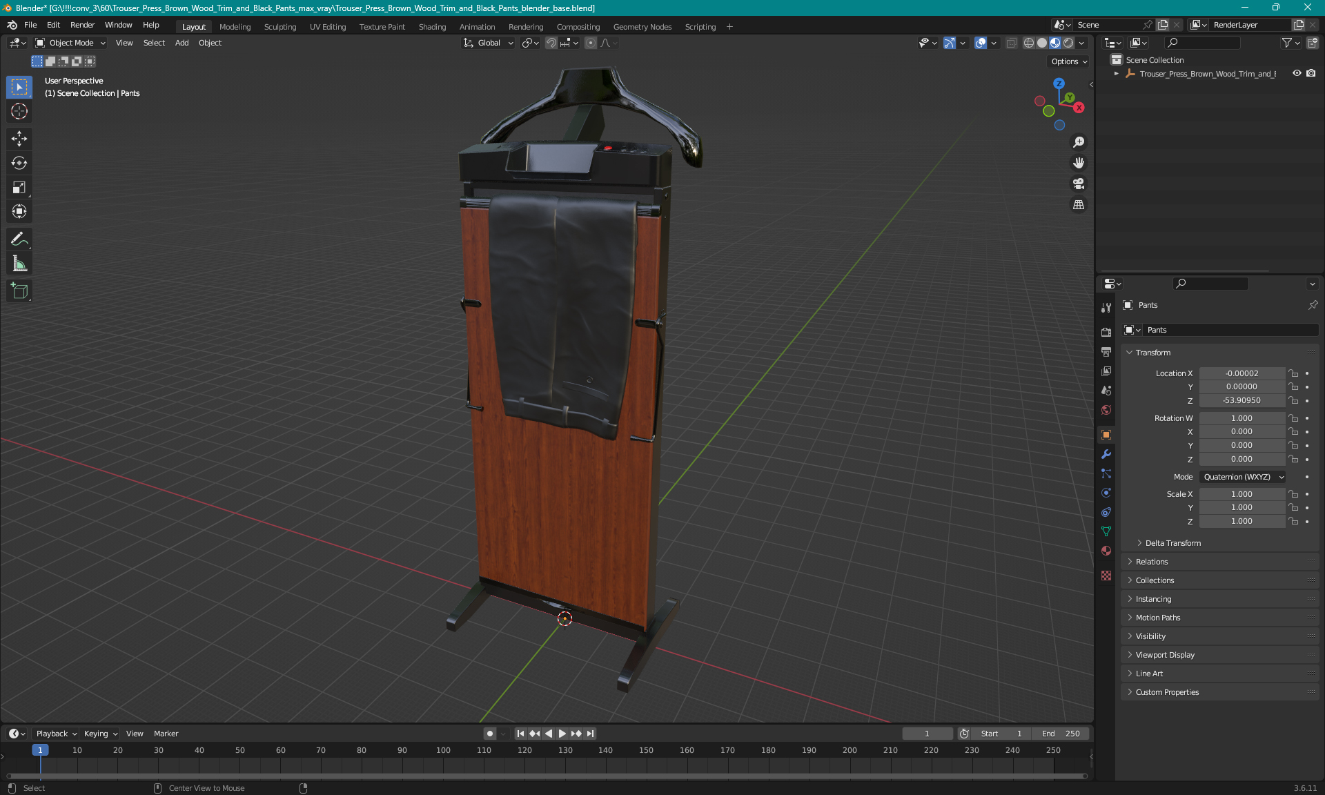 3D model Trouser Press Brown Wood Trim and Black Pants