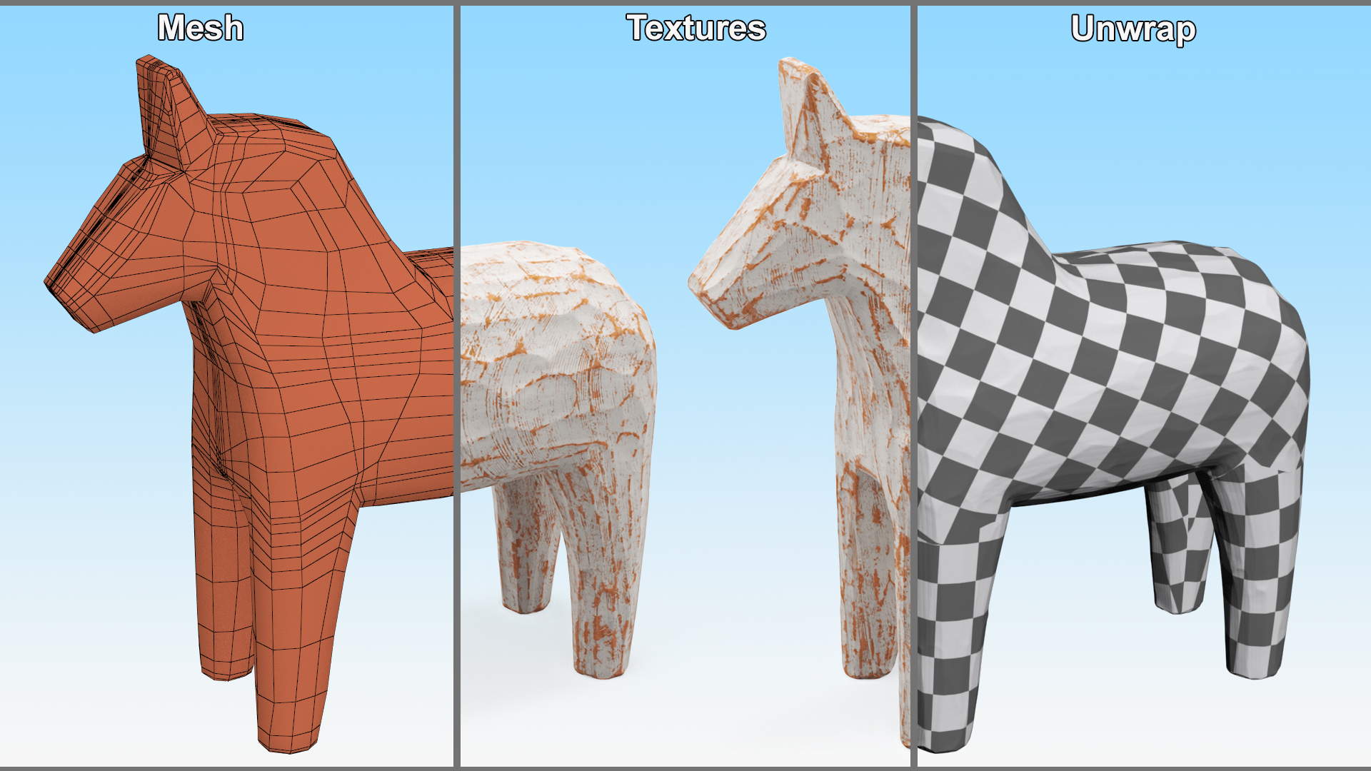 3D Distressed White Carved Wooden Horse Statue model