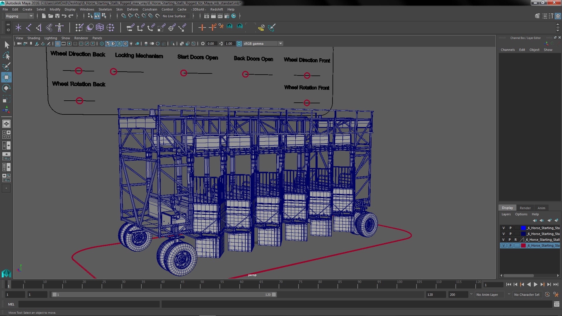 6 Horse Starting Stalls Rigged for Maya 3D model