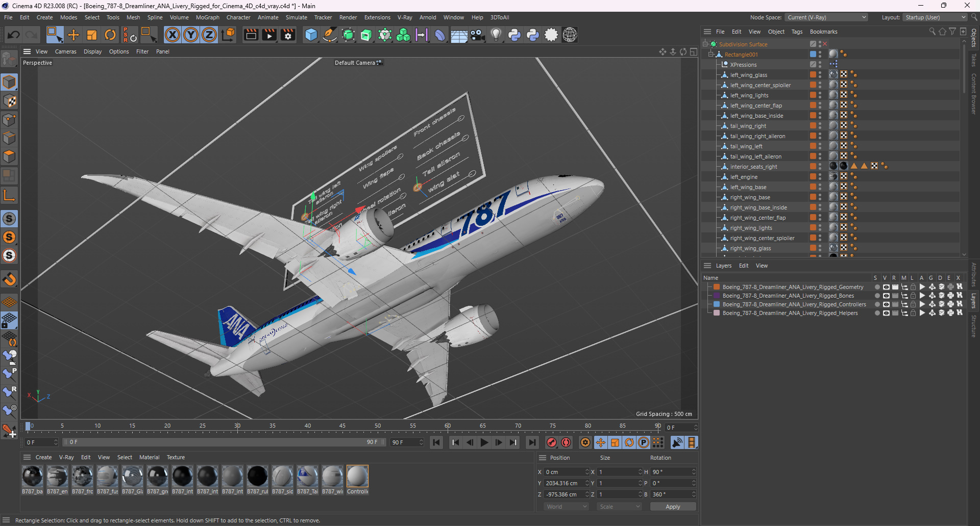 3D model Boeing 787-8 Dreamliner ANA Livery Rigged for Cinema 4D