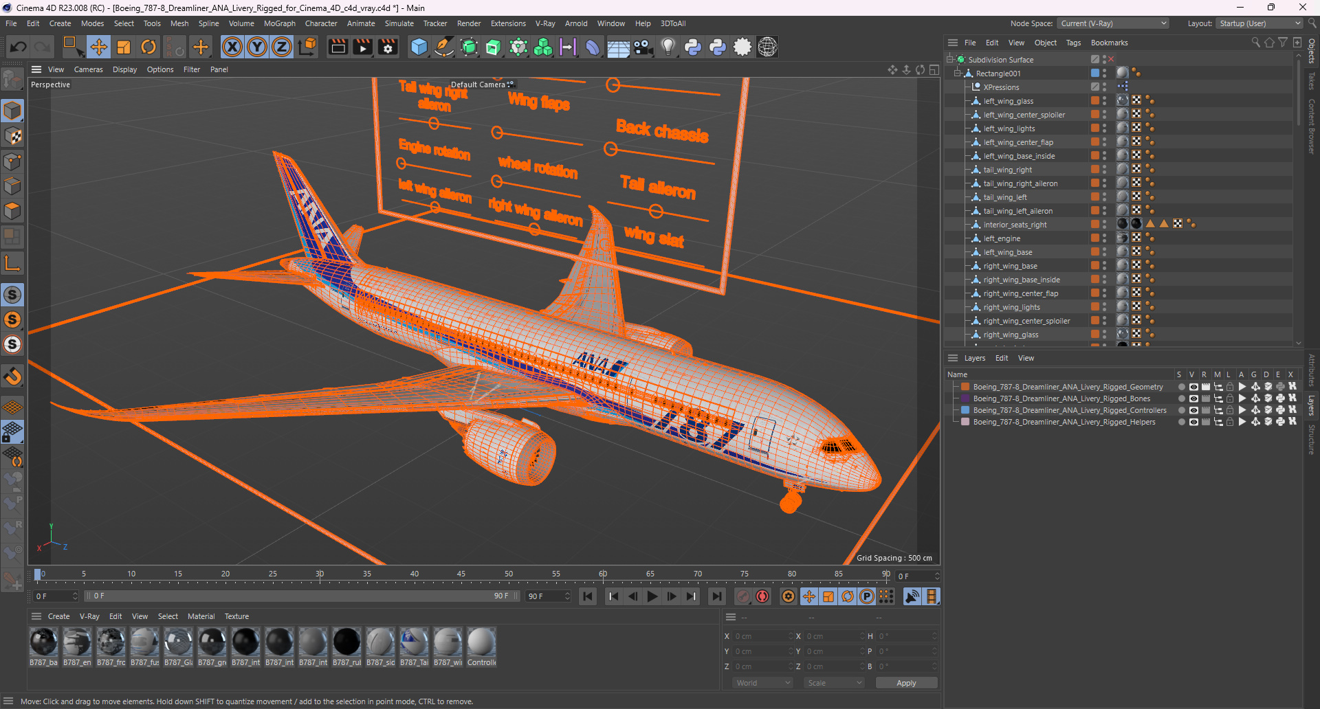 3D model Boeing 787-8 Dreamliner ANA Livery Rigged for Cinema 4D