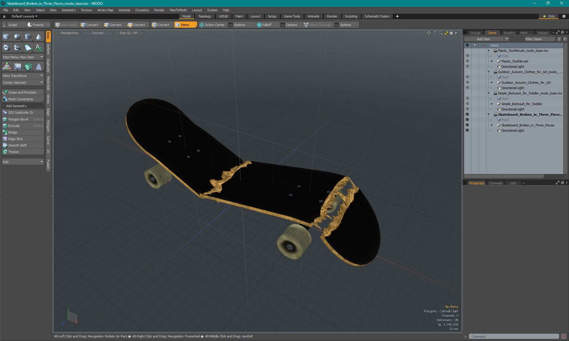 3D Skateboard Broken in Three Pieces model