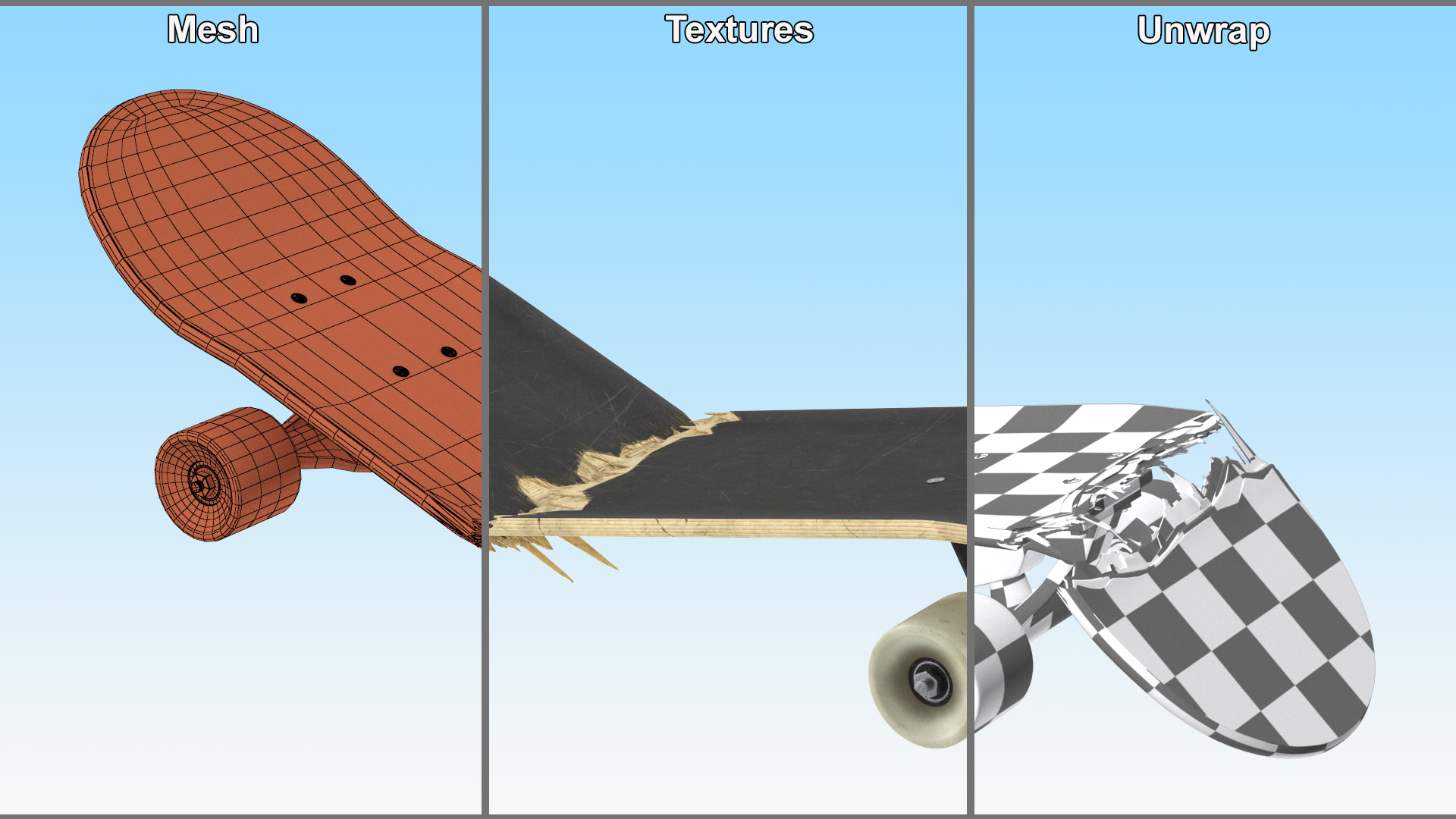 3D Skateboard Broken in Three Pieces model