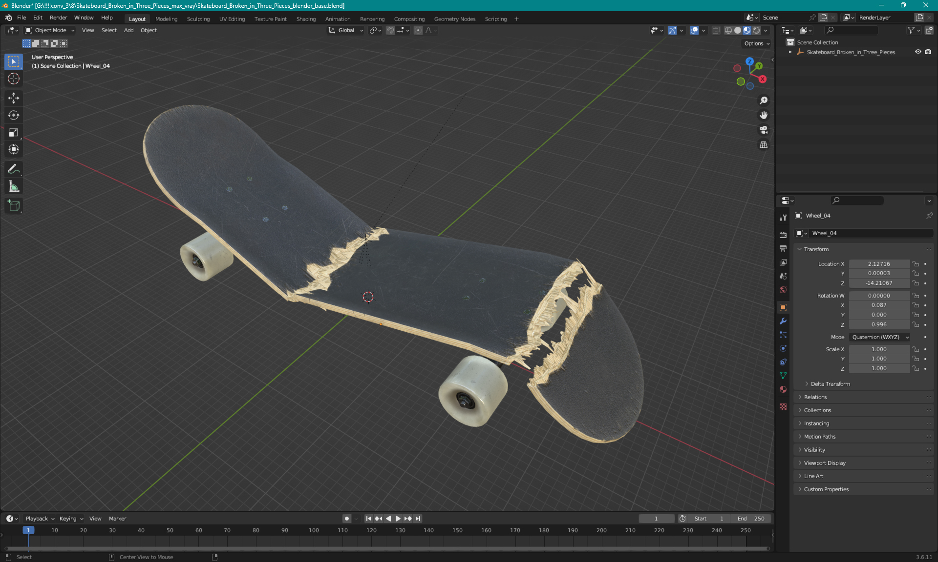 3D Skateboard Broken in Three Pieces model