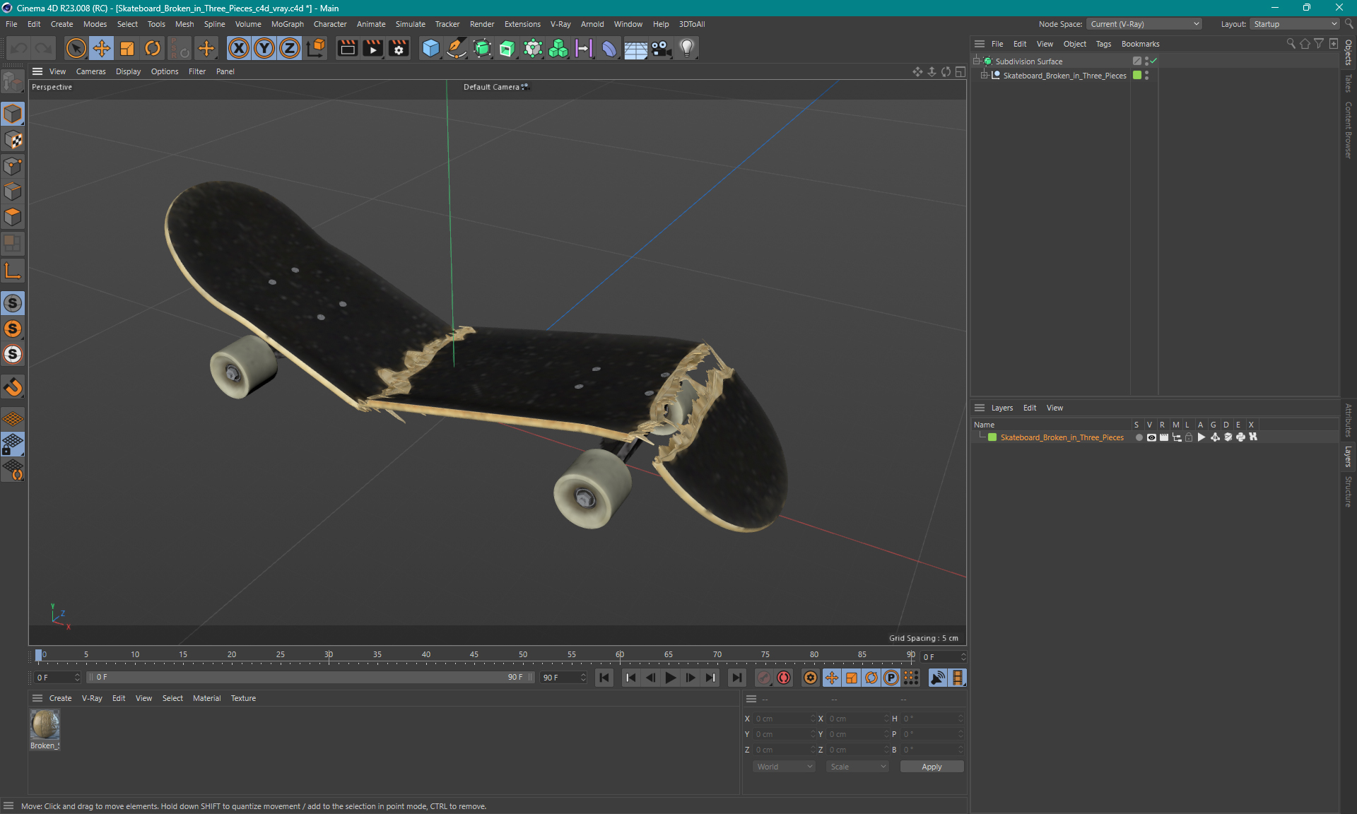 3D Skateboard Broken in Three Pieces model