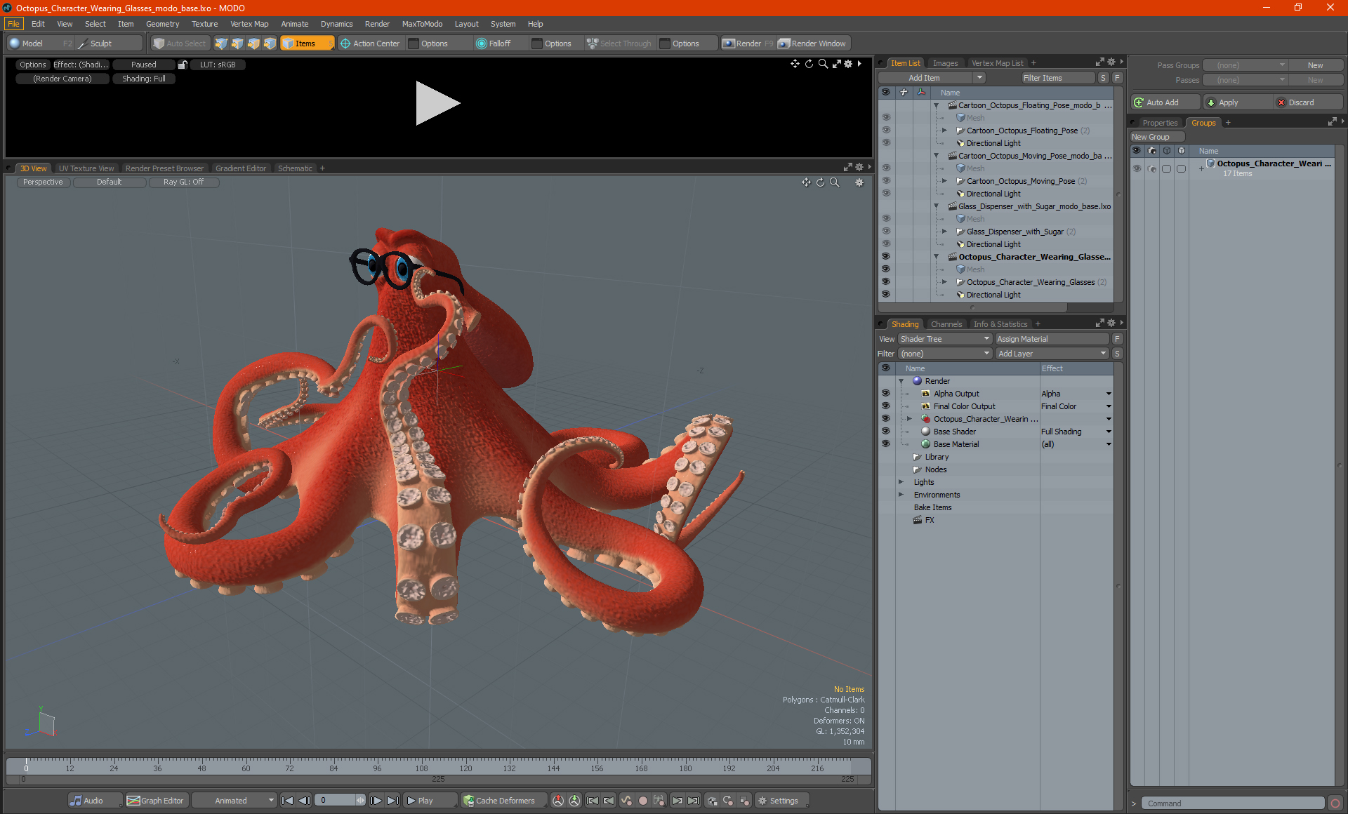 3D Octopus Character Wearing Glasses model