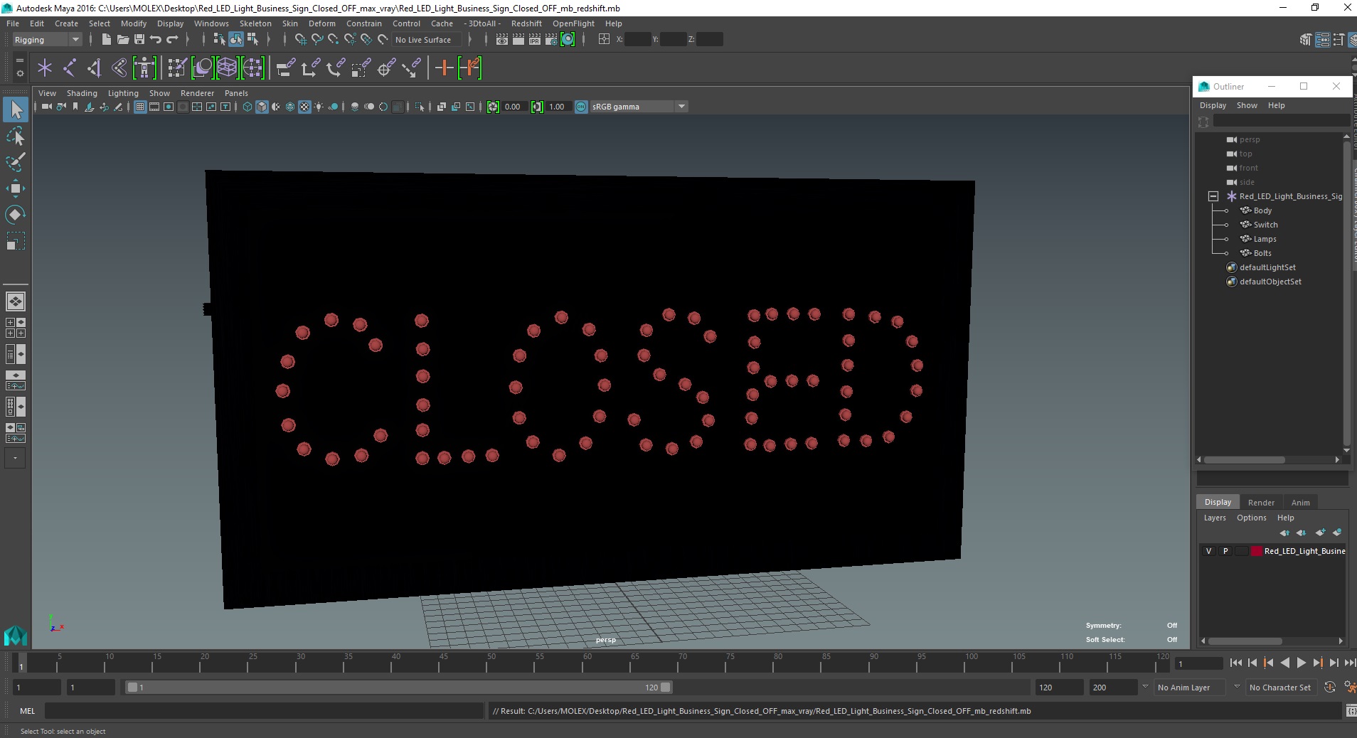 3D Red LED Light Business Sign Closed OFF model