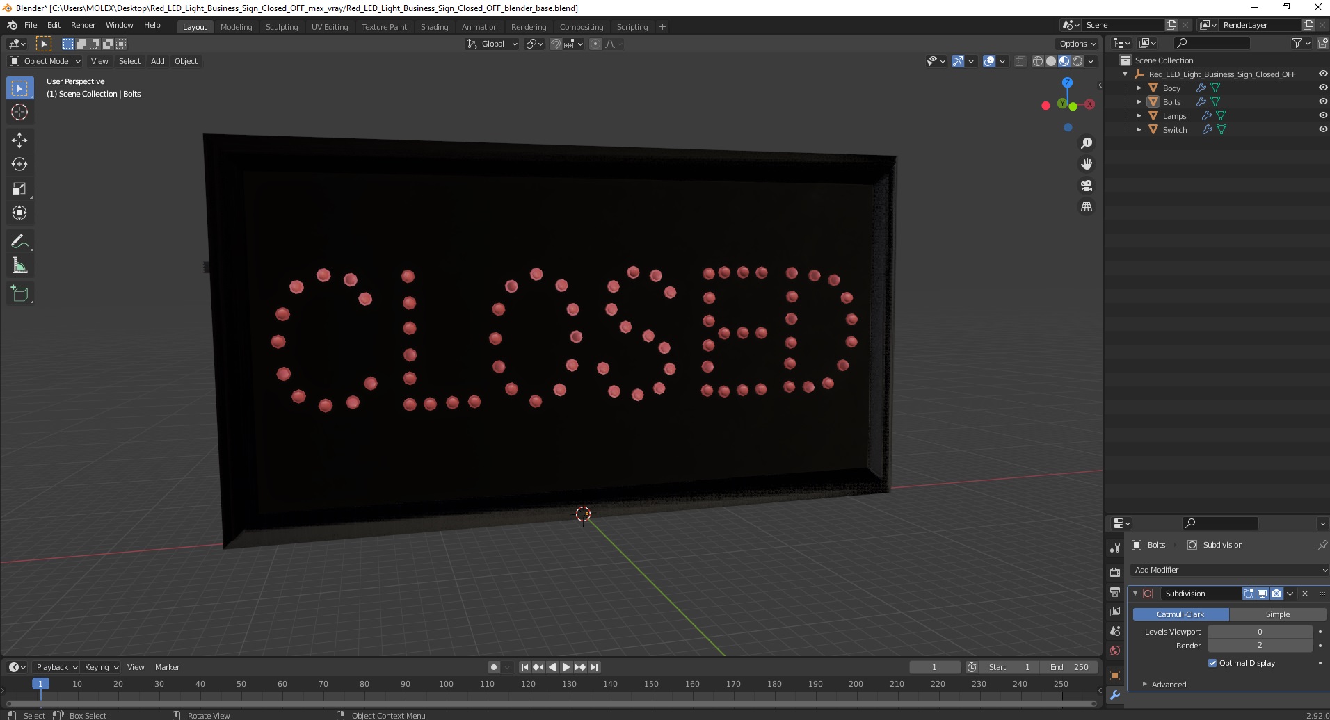 3D Red LED Light Business Sign Closed OFF model