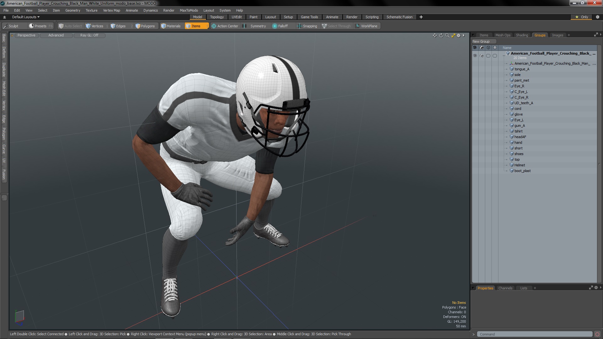 3D American Football Player Crouching Black Man White Uniform model