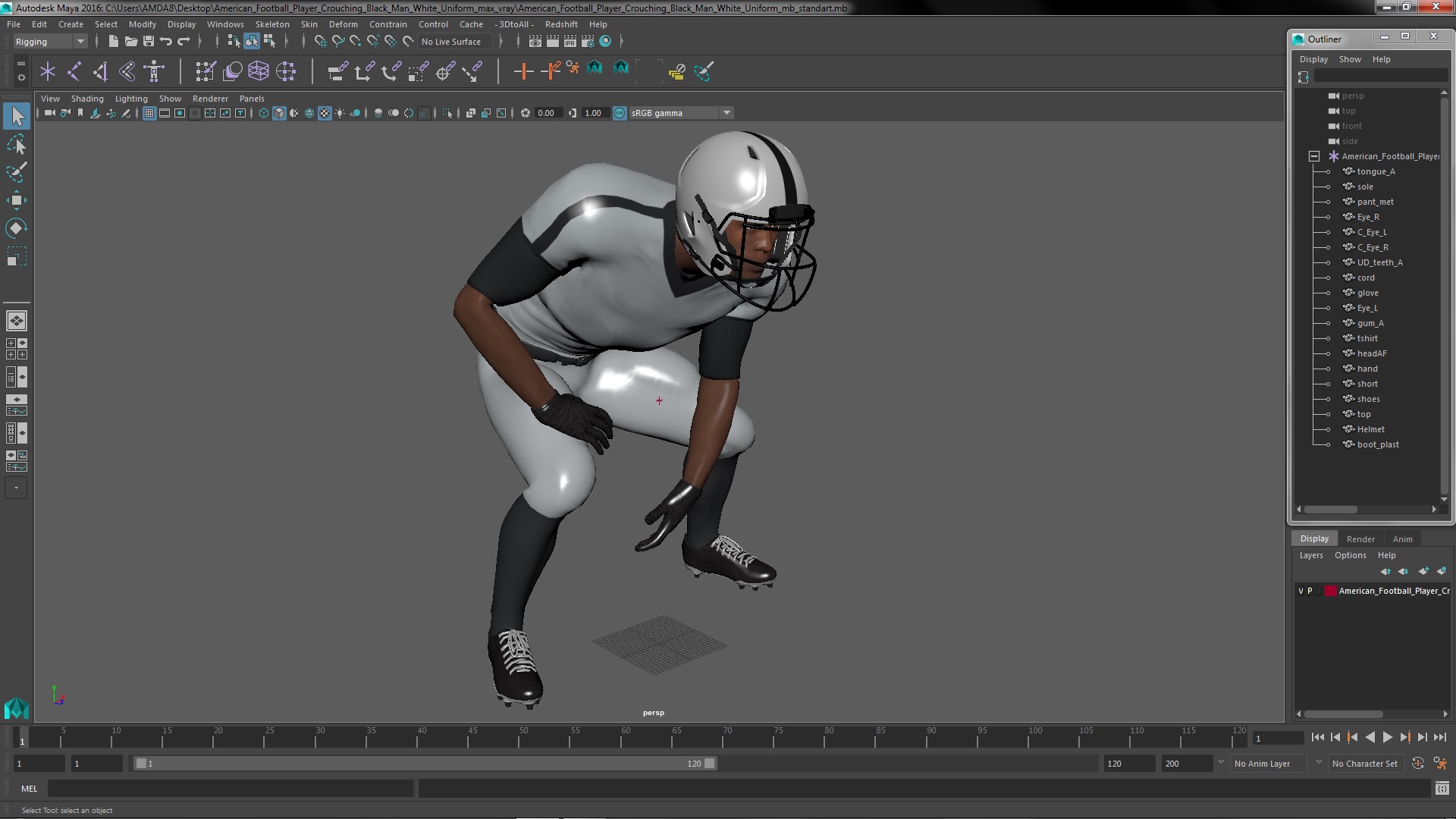 3D American Football Player Crouching Black Man White Uniform model