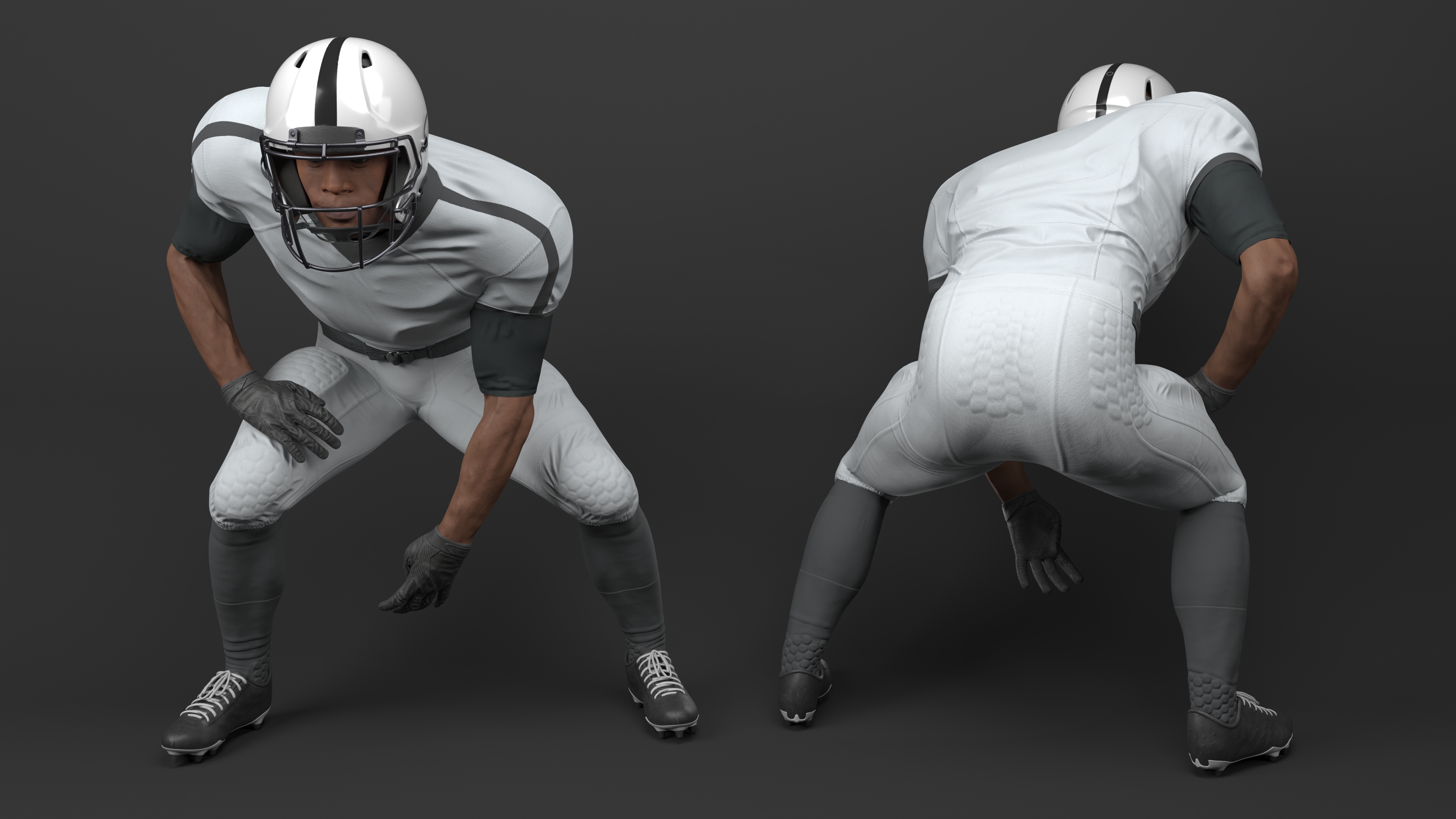 3D American Football Player Crouching Black Man White Uniform model